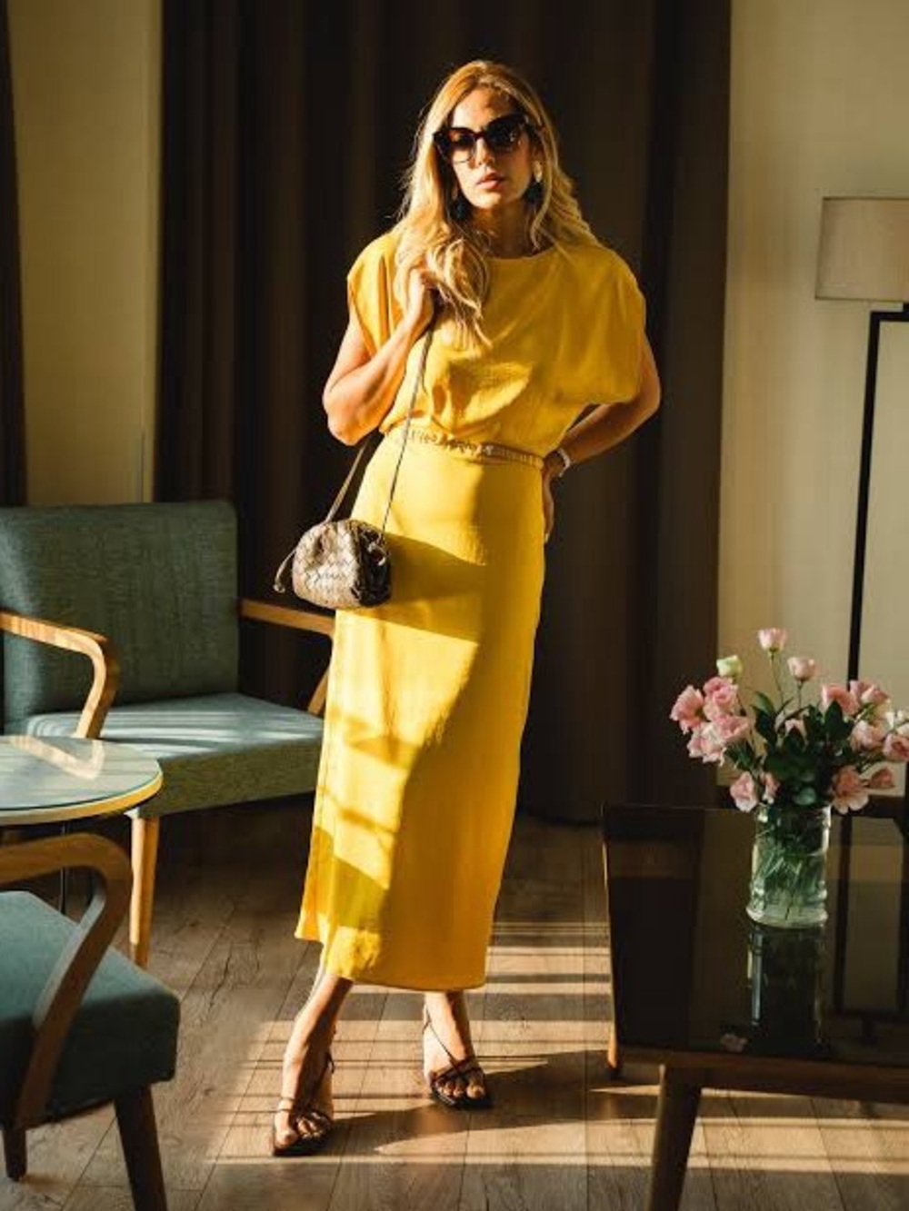 Zara Satin Midi Dress With A Rouche Belt Mustard Golden Buttons 
8747/511/305
